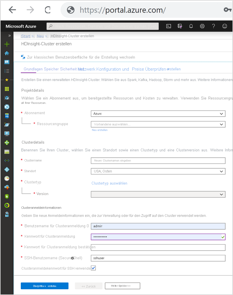 Ein Screenshot der Registerkarte „Grundlagen“ im Bildschirm „HDInsight-Cluster erstellen“ im Azure-Portal