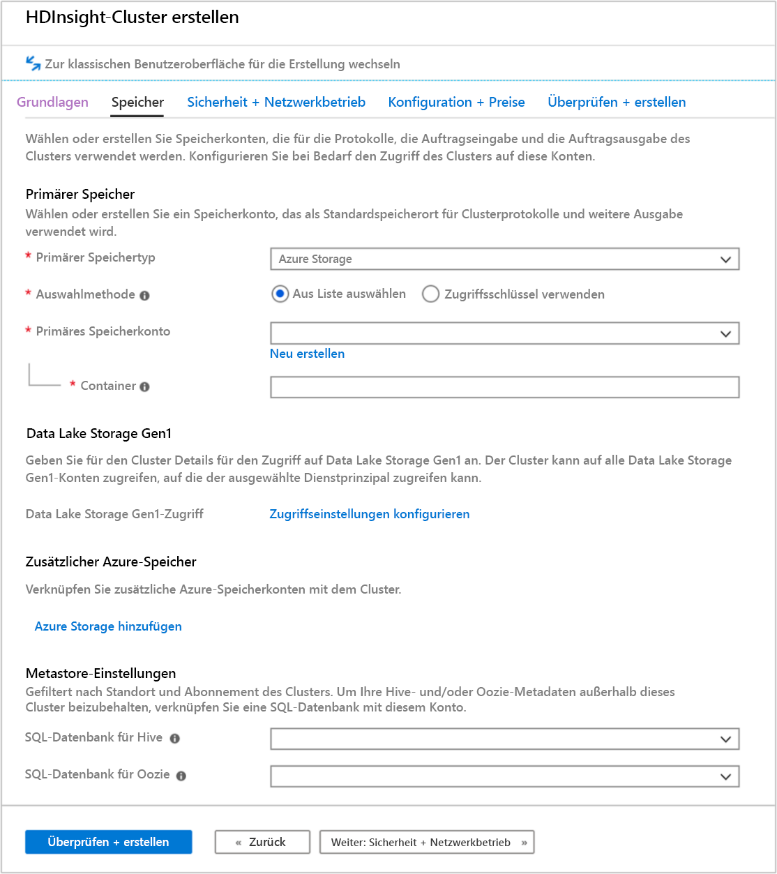 Ein Screenshot der Registerkarte „Speicher“ im Bildschirm „HDInsight-Cluster erstellen“ im Azure-Portal