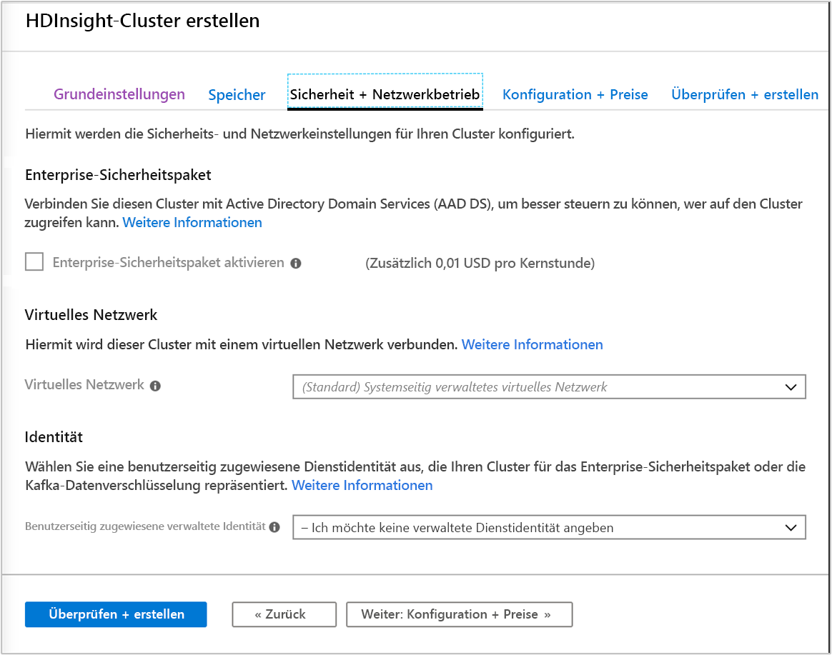 Ein Screenshot der Registerkarte „Sicherheit und Netzwerk“ im Bildschirm „HDInsight-Cluster erstellen“ im Azure-Portal