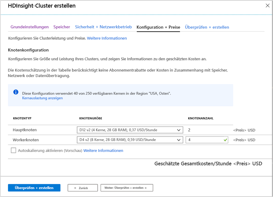 Ein Screenshot der Registerkarte „Konfiguration und Preise“ im Bildschirm „HDInsight-Cluster erstellen“ im Azure-Portal