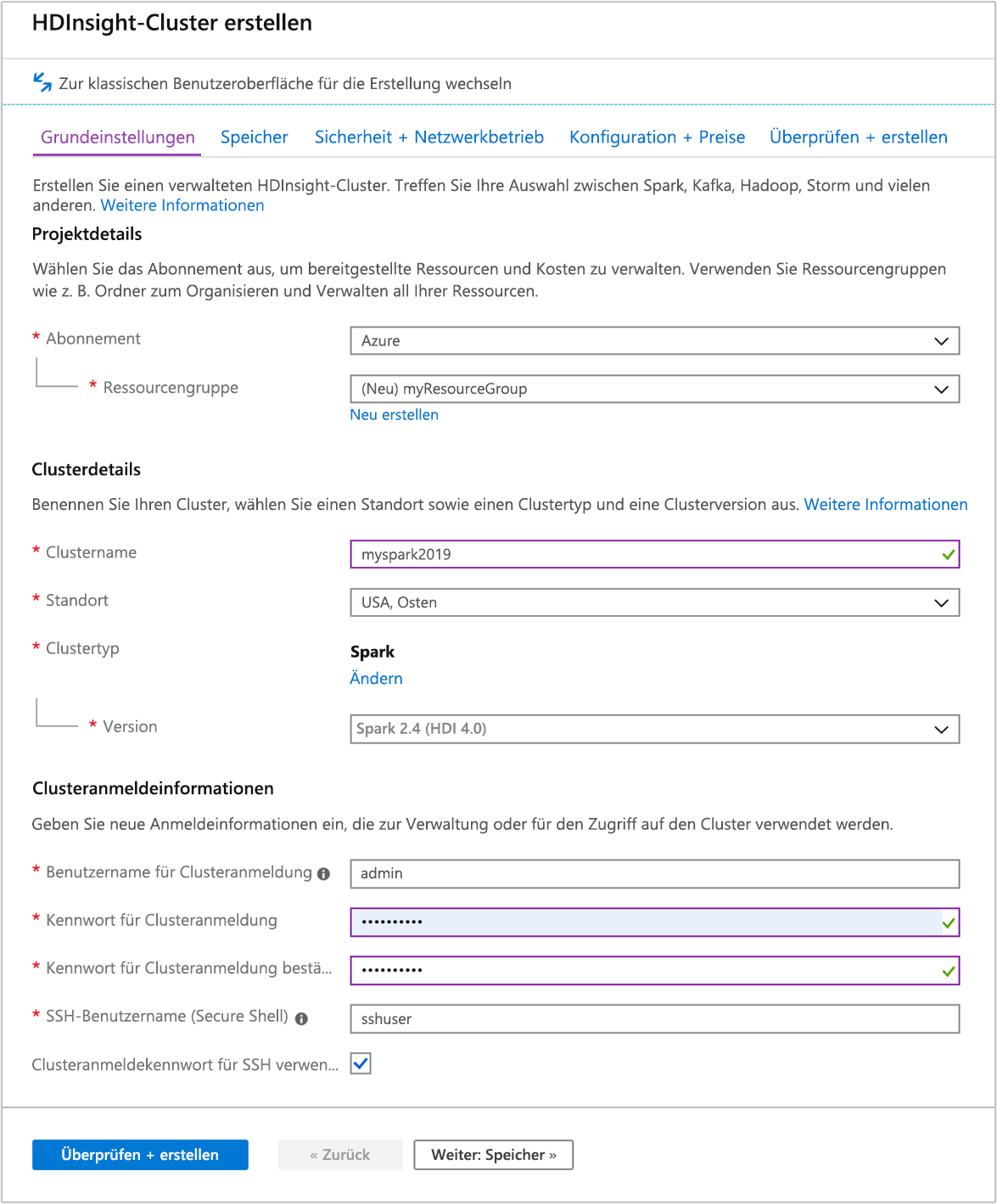 Ein Screenshot der Registerkarte „Grundlagen“ im Bildschirm „AzureHDInsight-Cluster erstellen“ im Azure-Portal