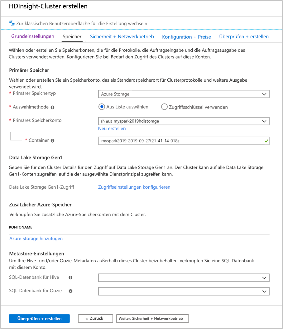 Ein Screenshot der Registerkarte „Speicher“ im Bildschirm „Azure HDInsight-Cluster erstellen“ im Azure-Portal