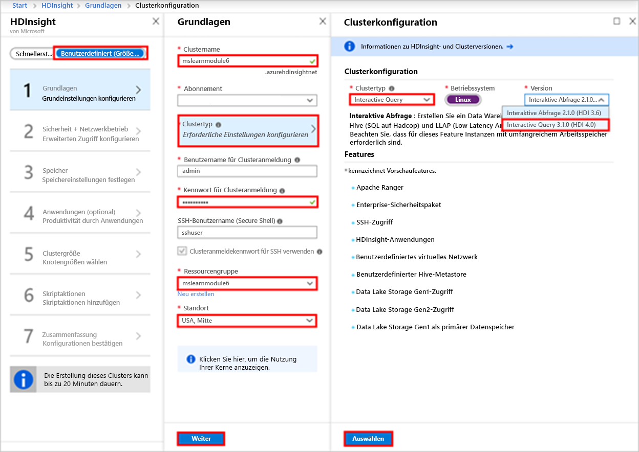 Screenshot: Seiten „HDInsight“, „Grundlagen“ und „Clusterkonfiguration“ mit mehreren hervorgehobenen Feldern.