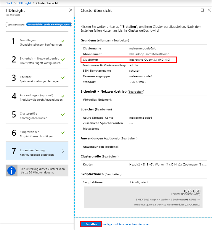 HDInsight-Seite „Zusammenfassung“ im Azure-Portal.