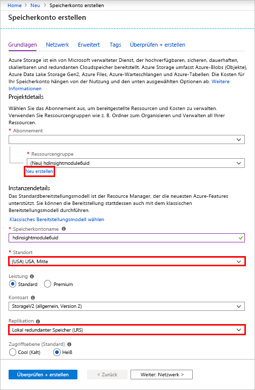 HDInsight-Registerkarte „Grundlagen“ im Azure-Portal.