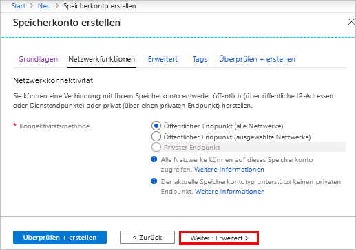 HDInsight-Registerkarte „Netzwerk“ im Azure-Portal.