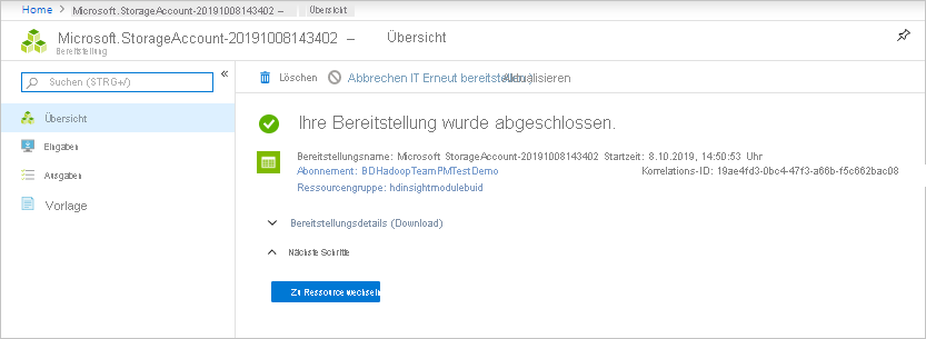 Screenshot: Übersichtsseite des Microsoft Storage-Kontos mit dem Hinweis, dass die Bereitstellung abgeschlossen ist.