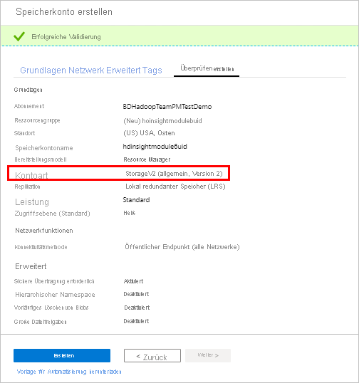 HDInsight-Überprüfungsbildschirm im Azure-Portal.