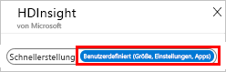 Screenshot: HDInsight-Seite mit Hervorhebung von „Benutzerdefiniert“.