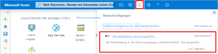 Benachrichtigung „Bereitstellung wird durchgeführt“ im Azure-Portal.