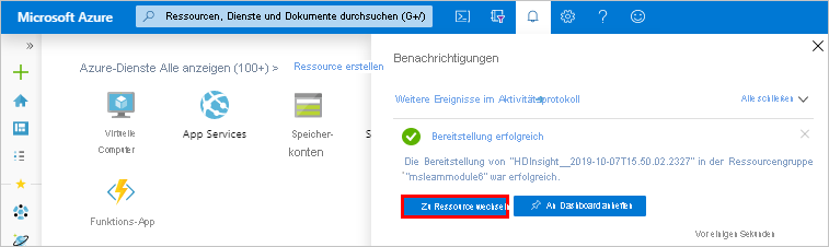 Anzeige zur erfolgreichen HDInsight-Bereitstellung im Azure-Portal.