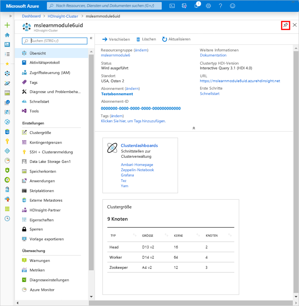 HDInsight-Übersichtsseite im Azure-Portal.