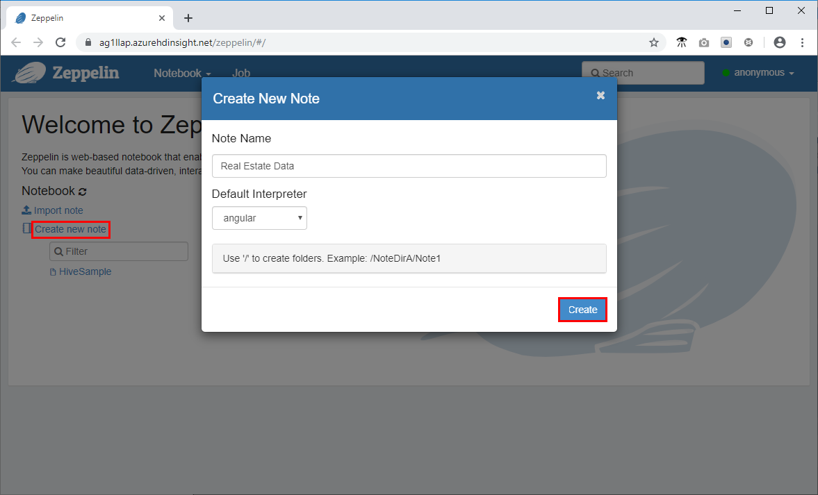 Create a new Zeppelin Notebook in the Azure portal