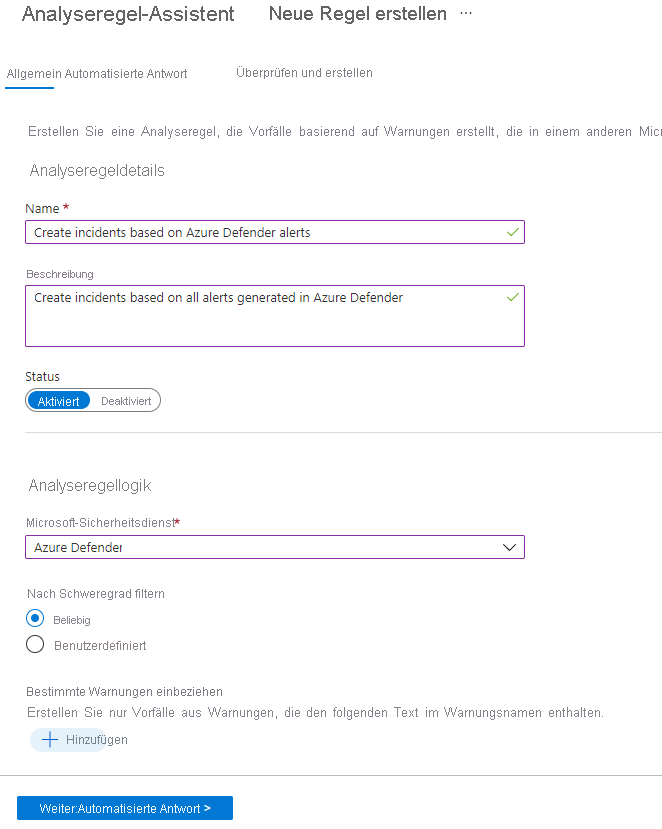 Screenshot of the wizard used to create analytics rules from templates.