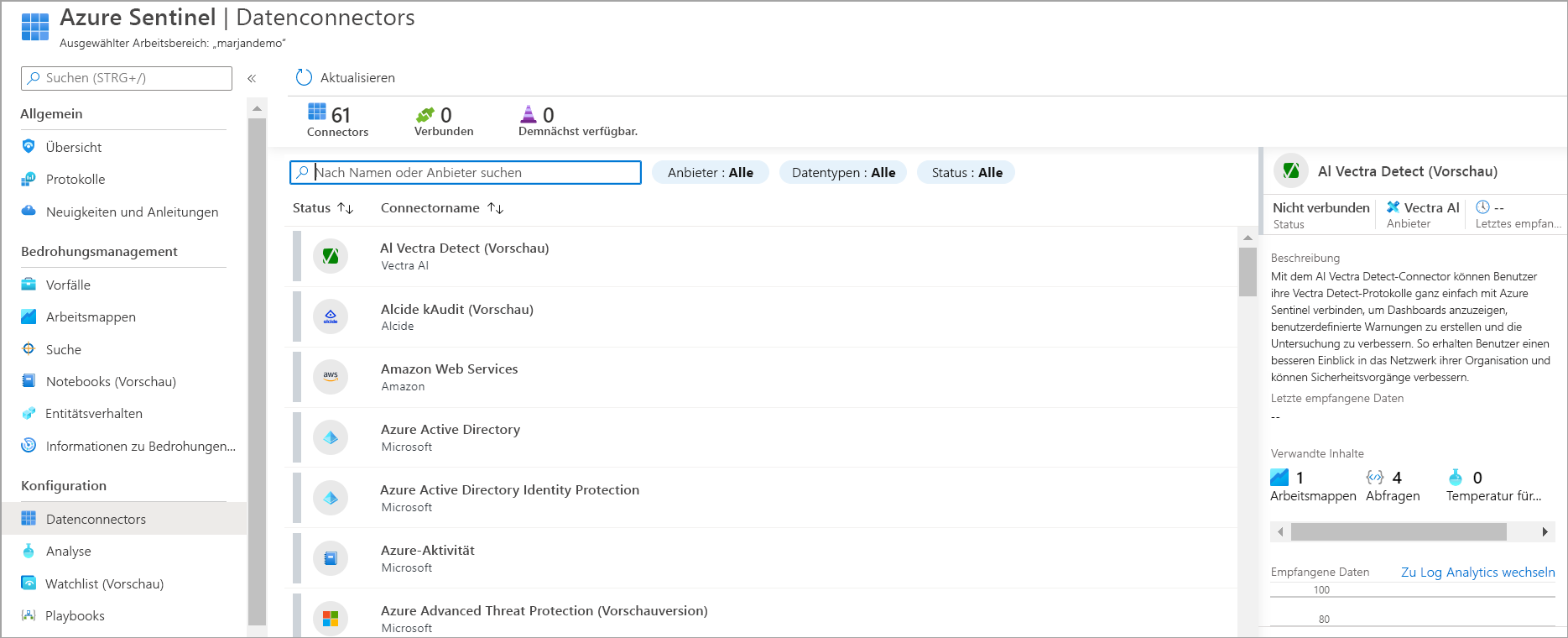 Screenshot des Microsoft Sentinel-Connectors.