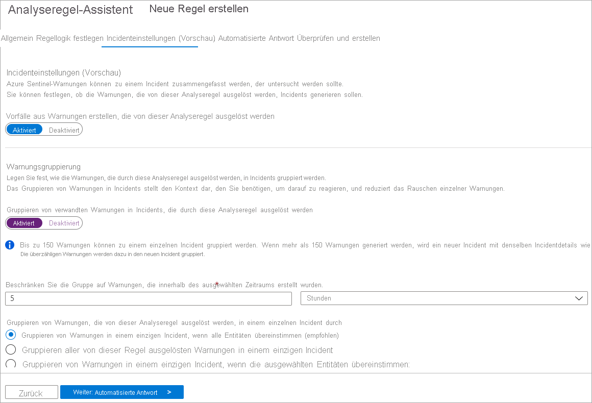 Screenshot von „Incidenteinstellungen“ in Analytics.