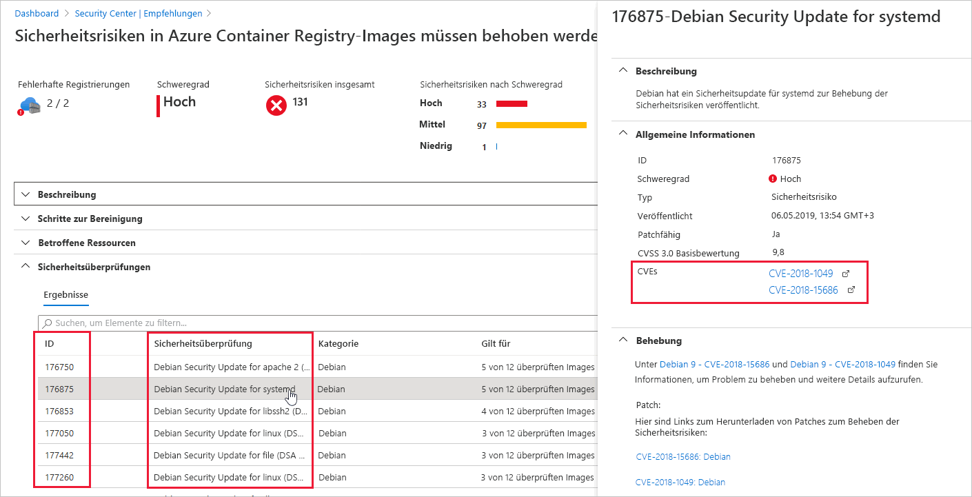 Screenshot of Defender for Cloud Security Findings