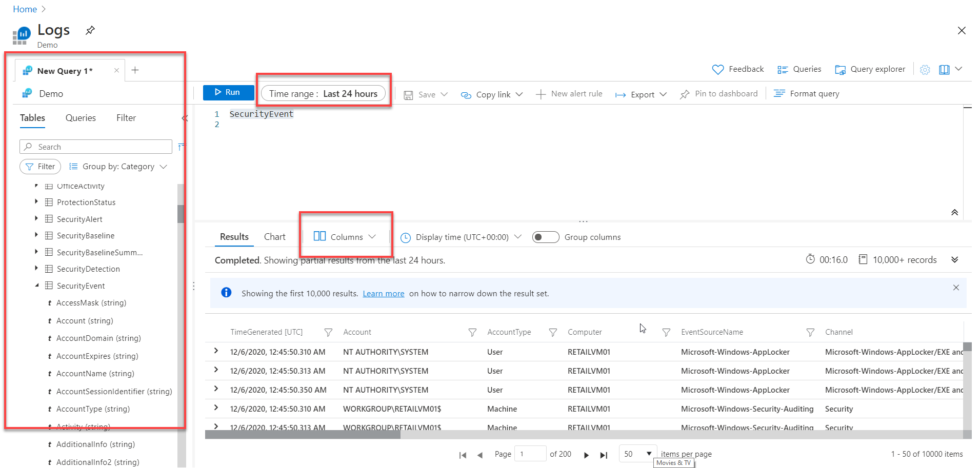 Screenshot der Log Analytics-Demo-Umgebung