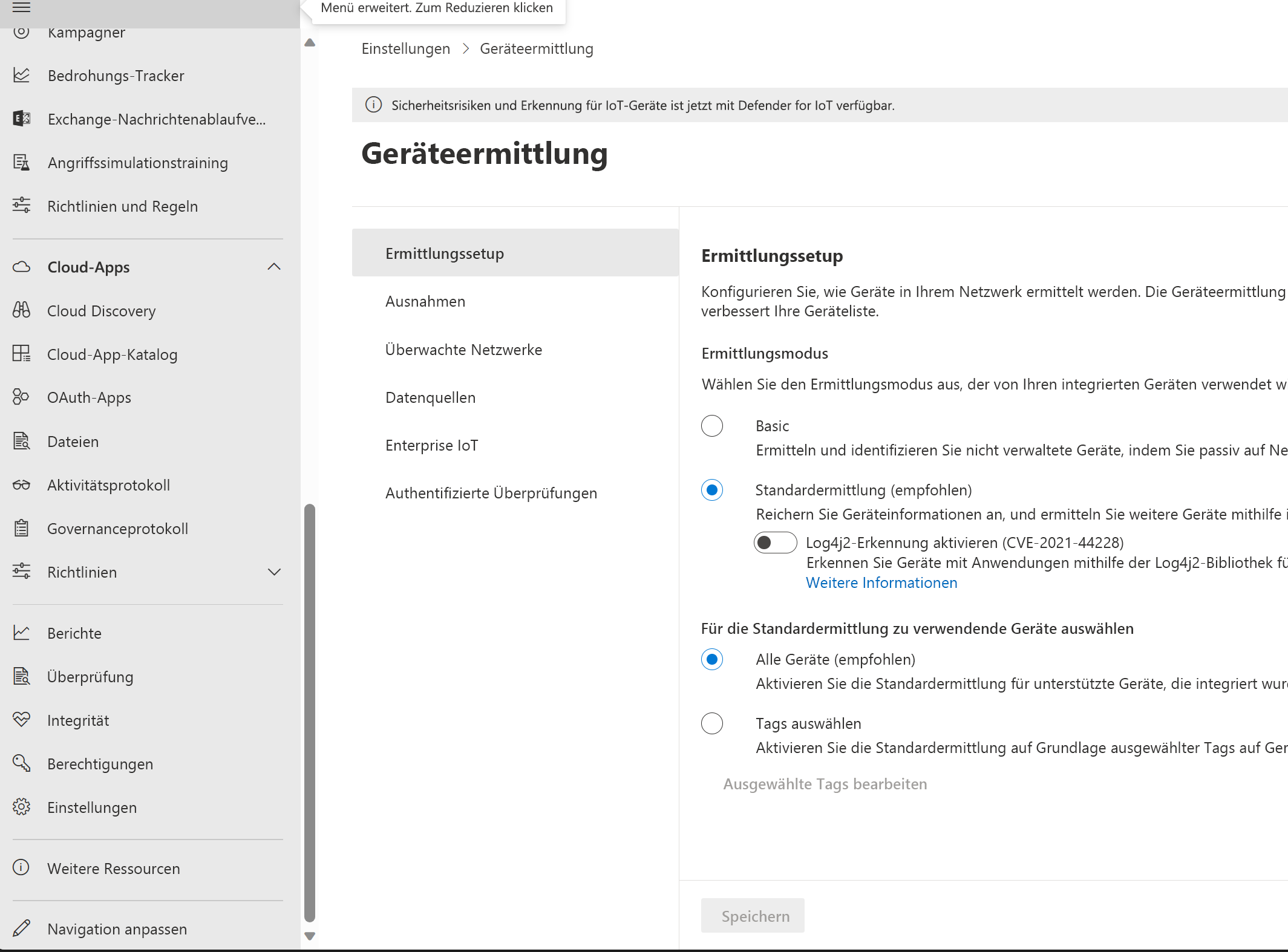 Screenshot der Option „Geräteermittlung“ unter „Einstellungen“