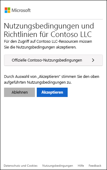 Screenshot: Benachrichtigung zu Nutzungsbedingungen. Benutzer*innen müssen die Nutzungsbedingungen akzeptieren, um fortfahren zu können, oder die Bedingungen ablehnen.