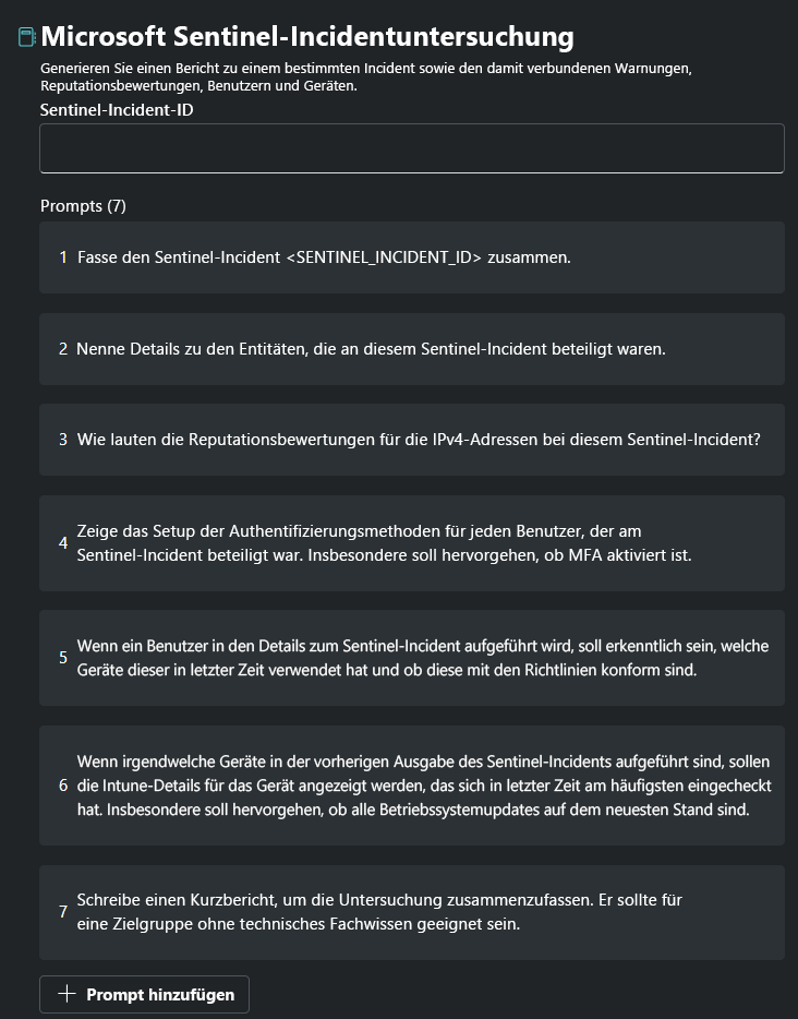 Screenshot: Microsoft Sentinel-Promptbook für die Incidentuntersuchung
