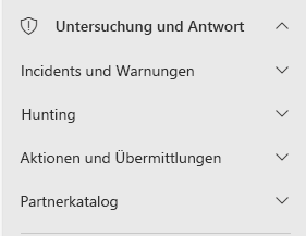 Screenshot des Microsoft Defender-Portals mit den für Untersuchung und Antwort verfügbaren Auswahl. Sie sind Vorfälle und Warnungen, Suche, Aktionen und Übermittlungen sowie Partnerkatalog.