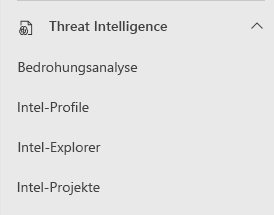 Screenshot der auswählbaren Optionen für Threat Intelligence im linken Navigationsbereich des Microsoft Defender-Portals.