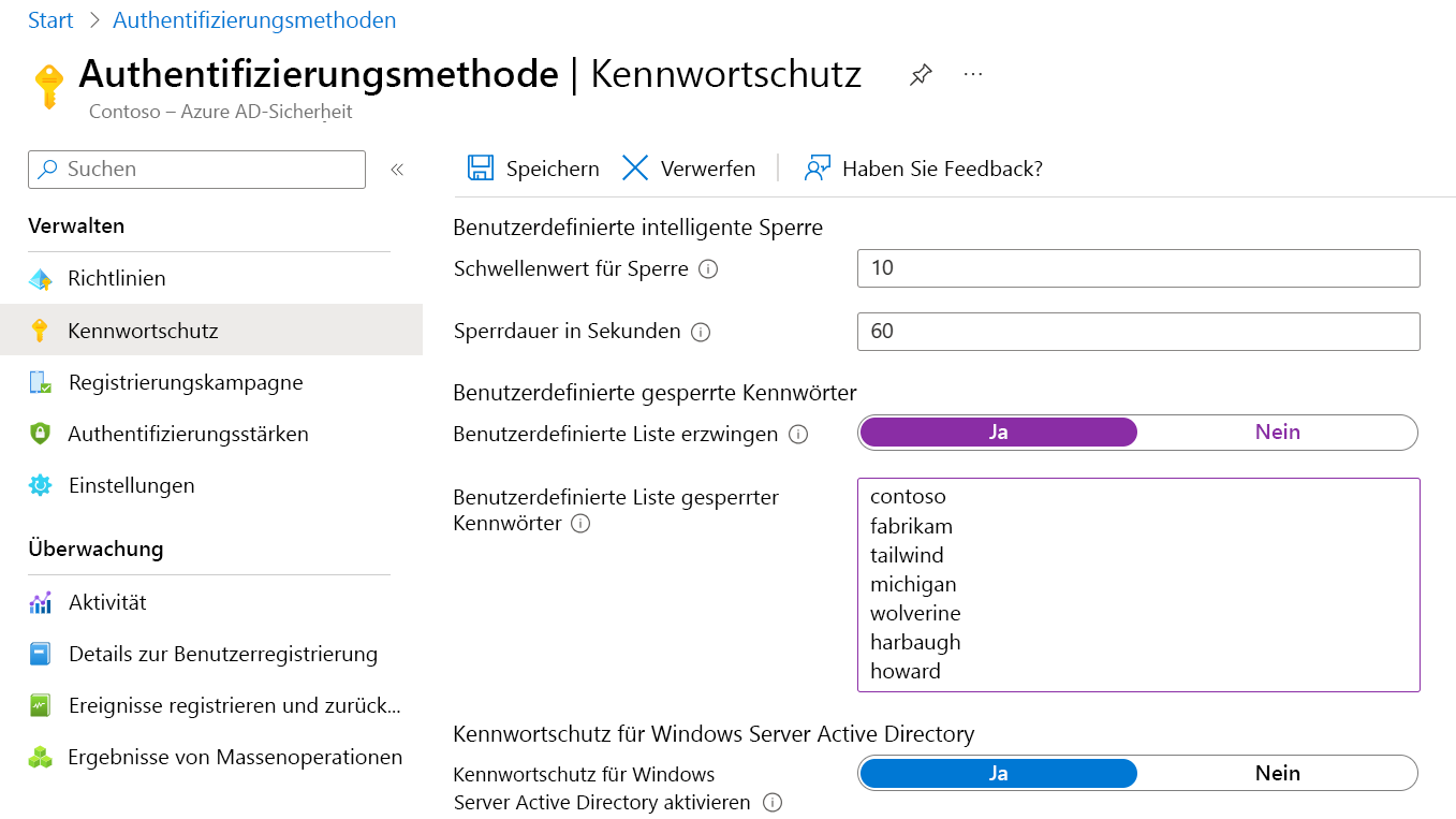 Ein Bildschirmausschnitt, der einen Konfigurationsbildschirm für die Einrichtung einer benutzerdefinierten Liste mit gesperrten Kennwörtern anzeigt.