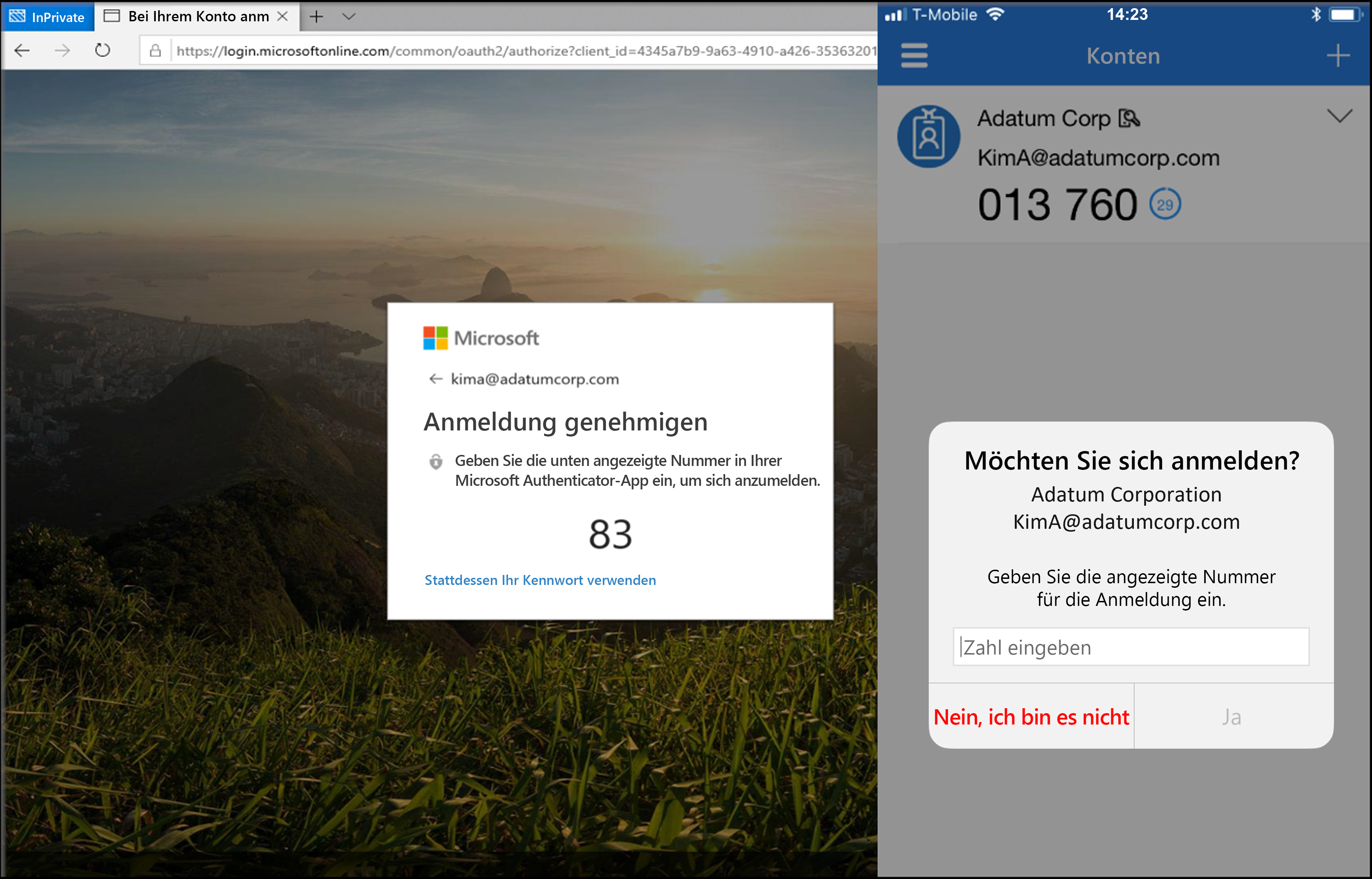 Screenshot: Anmeldeanforderung für Microsoft Authenticator