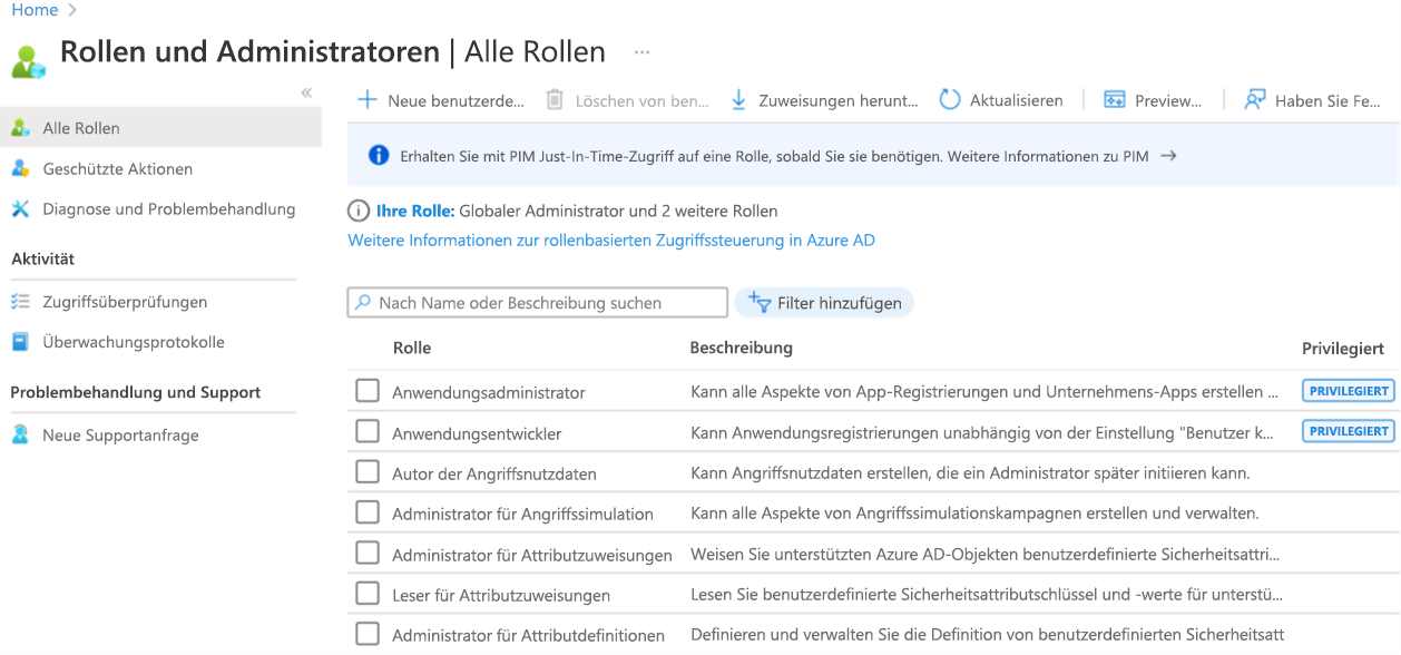 Screenshot: Microsoft Entra ID-Rollen im Fenster „Rollen und Administratoren“ im Menü „Microsoft Entra ID verwalten“ des Azure-Portals.