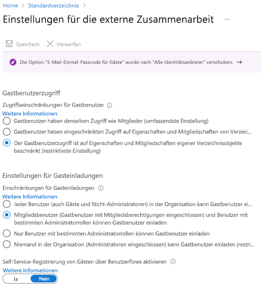 Screenshot des Dialogfelds „Externe Benutzereinstellungen verwalten“ in Microsoft Entra ID.