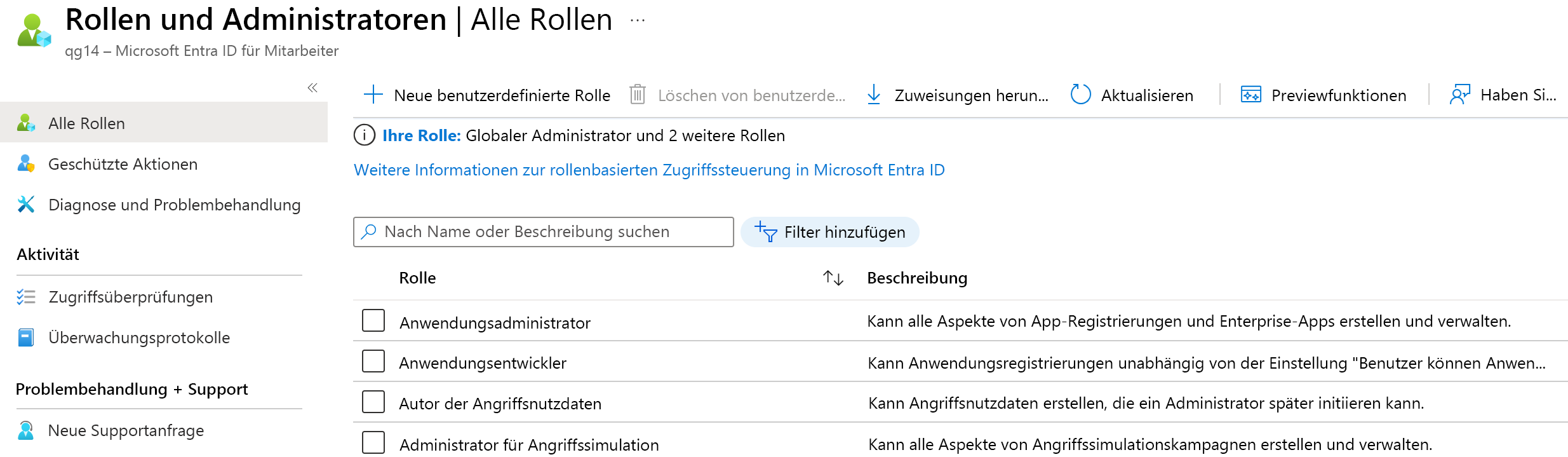 Screenshot: Erstellen oder Bearbeiten von benutzerdefinierten Rollen auf der Seite „Rollen und Administratoren“