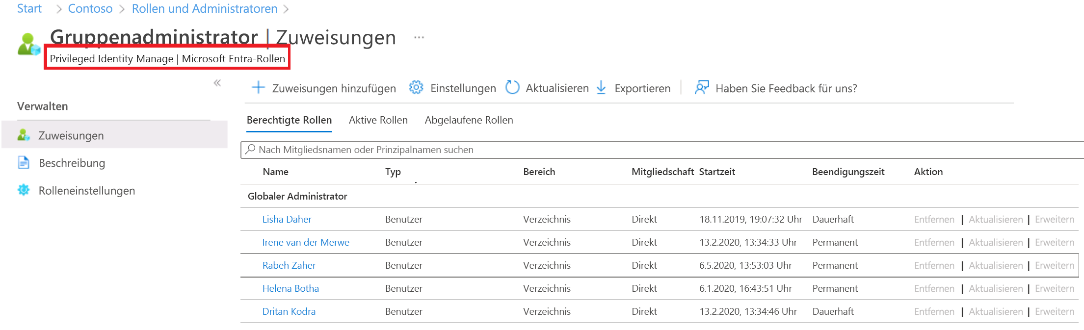 Screenshot: Privileged Identity Manager für Benutzer, denen die Berechtigung „Globaler Administrator“ zugewiesen wurde und die über eine Premium P2-Lizenz verfügen