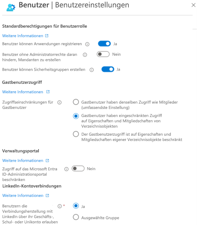 Screenshot des Bildschirms „Benutzereinstellungen“ in Microsoft Entra ID. Verwenden Sie diese Option, um zu konfigurieren, was Benutzer tun können.