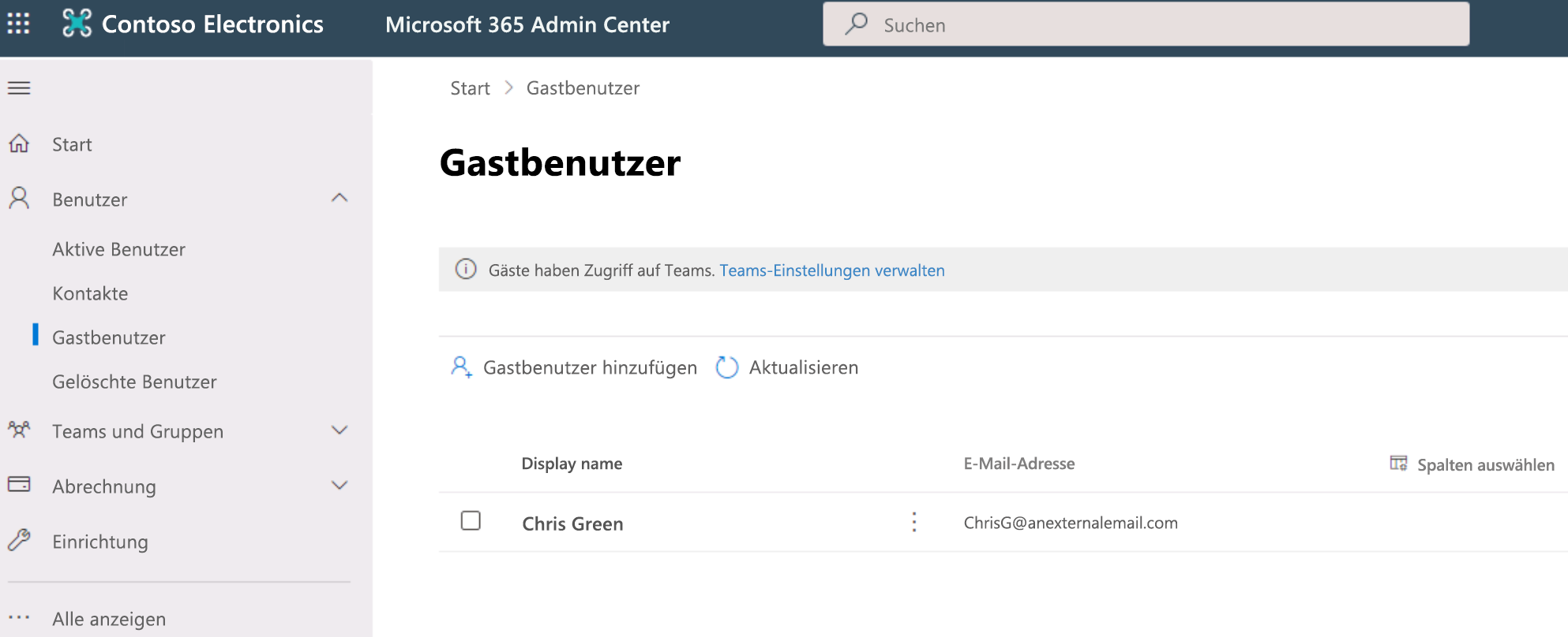 Screenshot: Microsoft 365 Admin Center mit geöffneter Seite für Gastbenutzer.