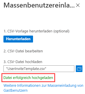 Screenshot: Masseneinladung von Benutzern und Hervorhebung der Meldung, dass die Datei erfolgreich hochgeladen wurde.