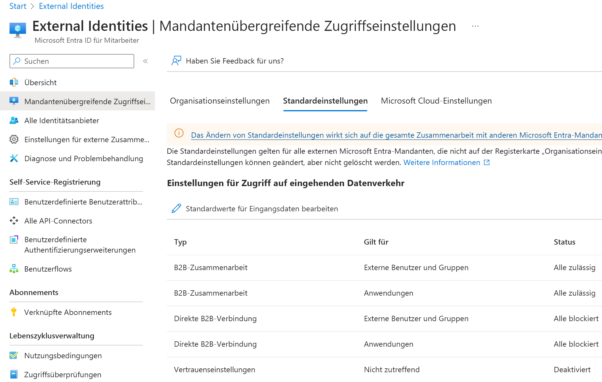 Screenshot des Microsoft Entra ID External Identities-Dialogfelds mit mandantenübergreifenden Zugriffssteuerungen Konfigurieren des ein- und ausgehenden Zugriffs