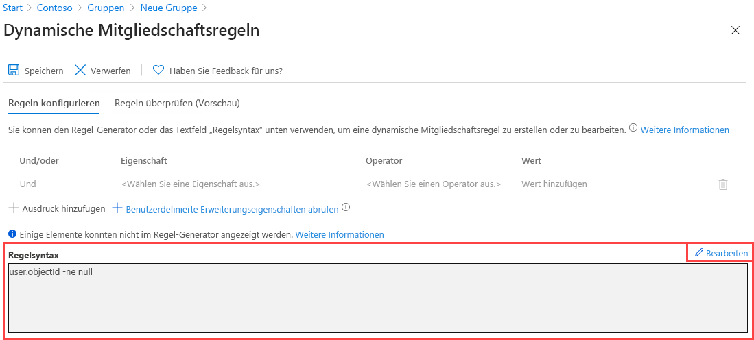 Screenshot des Bildschirms mit Regeln für die dynamische Gruppenmitgliedschaft mit hervorgehobener Regelsyntax In Microsoft Entra ID vorhanden.