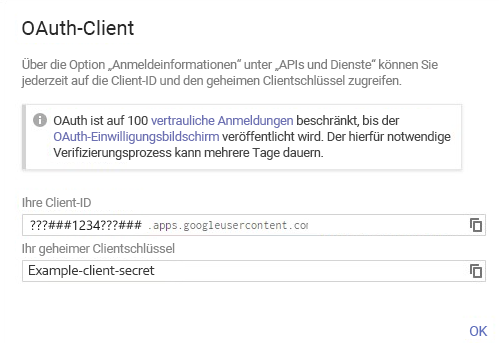 Screenshot: OAuth-Client-ID und geheimer Clientschlüssel. Legen Sie das Geheimnis für Zugriff fest.