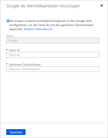 Screenshot: Seite „Google als Identitätsanbieter hinzufügen“ Sie müssen die Client-ID und den geheimen Clientschlüssel aus den vorherigen Schritten eingeben.