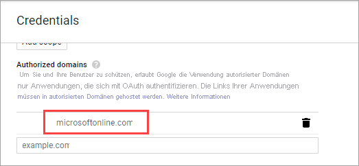 Screenshot: Abschnitt für autorisierte Domänen, Google-Domänen sind zulässig.