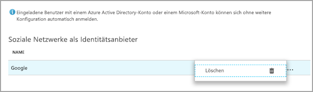 Screenshot: Seite „Google als Identitätsanbieter löschen“ Verwenden Sie die Auslassungspunkte am Ende, um den Befehl „Löschen“ zu öffnen.