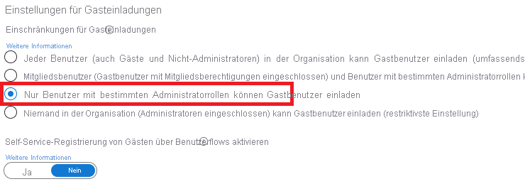 Screenshot: In den Einstellungen für Gasteinladungen ist „Gäste können einladen“ auf „Nein“ festgelegt und hervorgehoben.