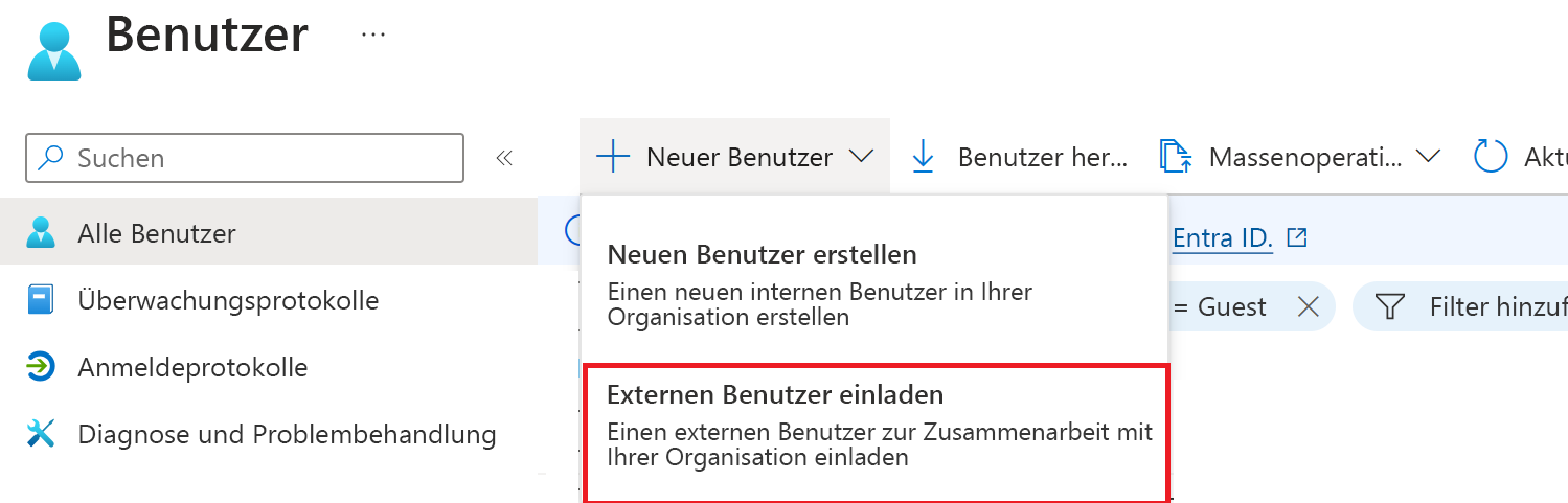 Screenshot: Bildschirm „Benutzer“ mit ausgewählter Option „Neuer Gastbenutzer“