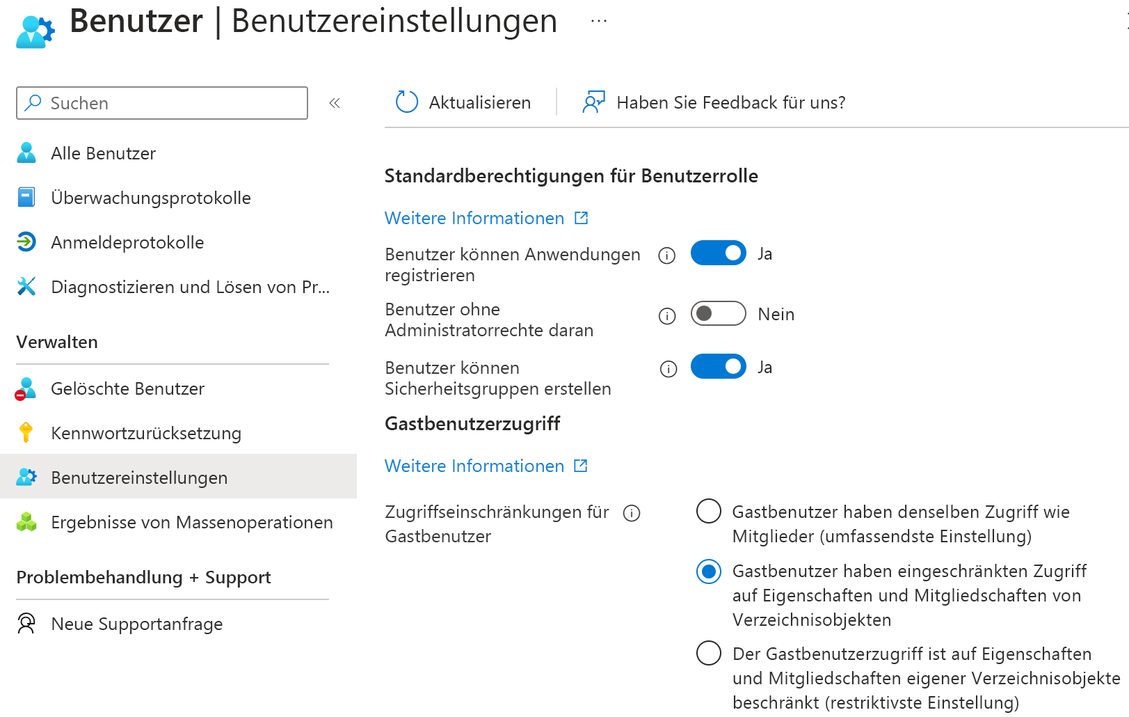 Screenshot der Option „Externe Benutzer“ in den Benutzereinstellungen. Wählen Sie die Einschränkungen für externe Benutzer aus.