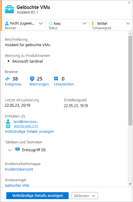 Screenshot des Bereichs mit den Incidentdetails