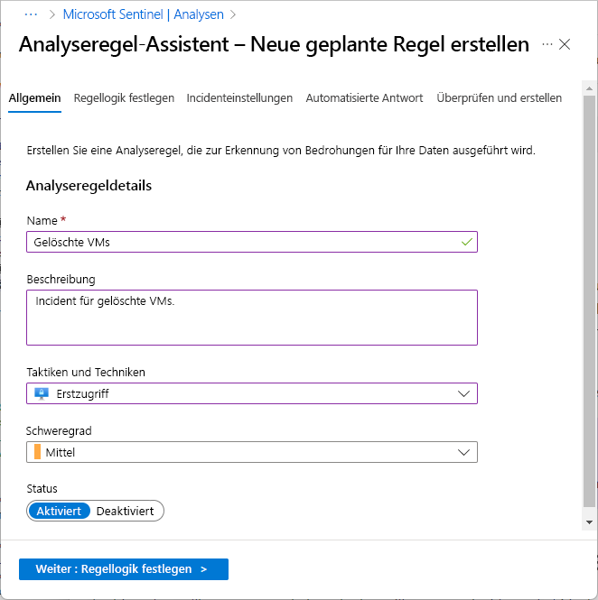 Screenshot of the page for creating a new rule in the Analytics Rule wizard.