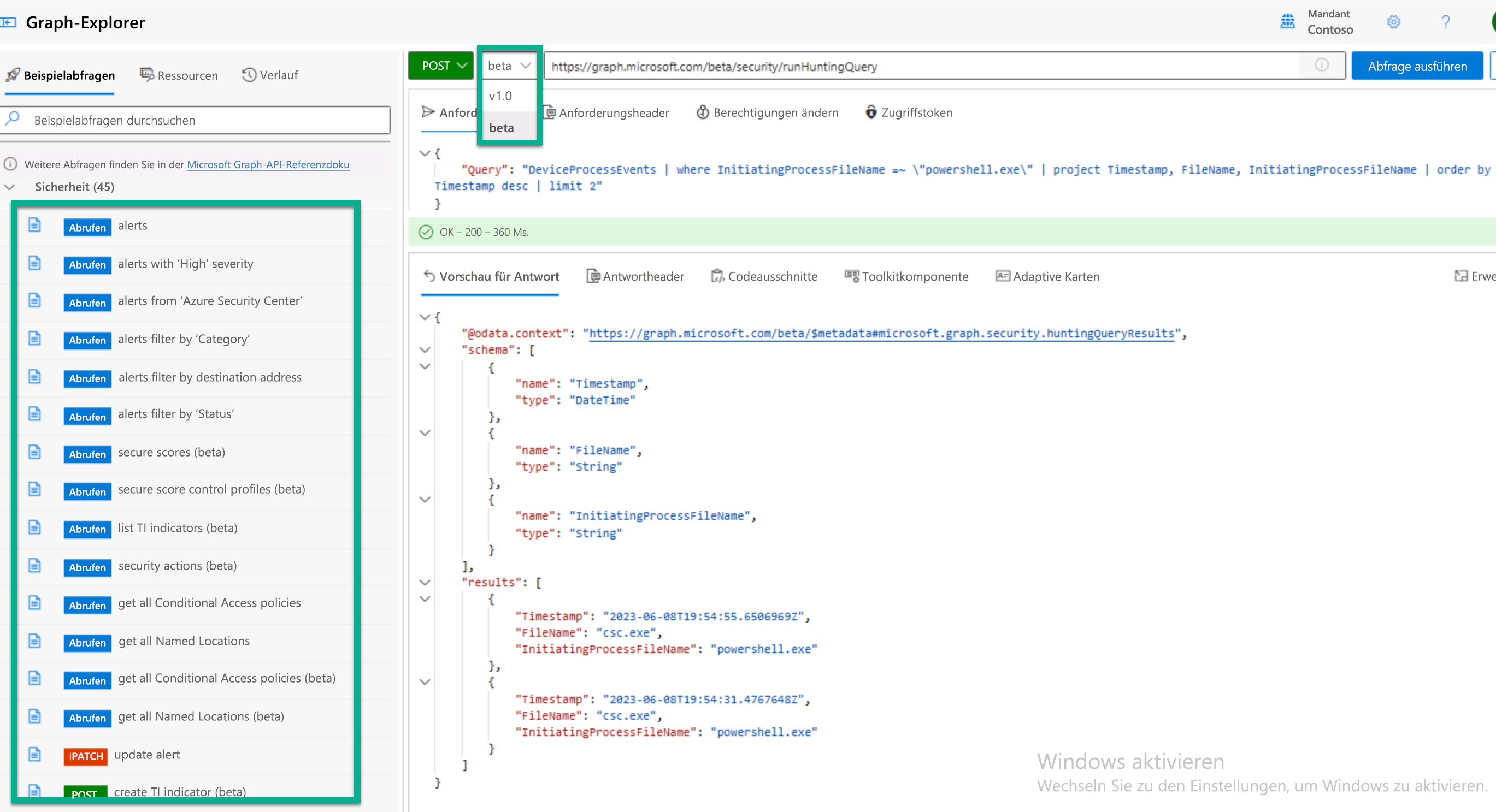 Screenshot of the Microsoft Graph Explorer running the KQL hunting query.