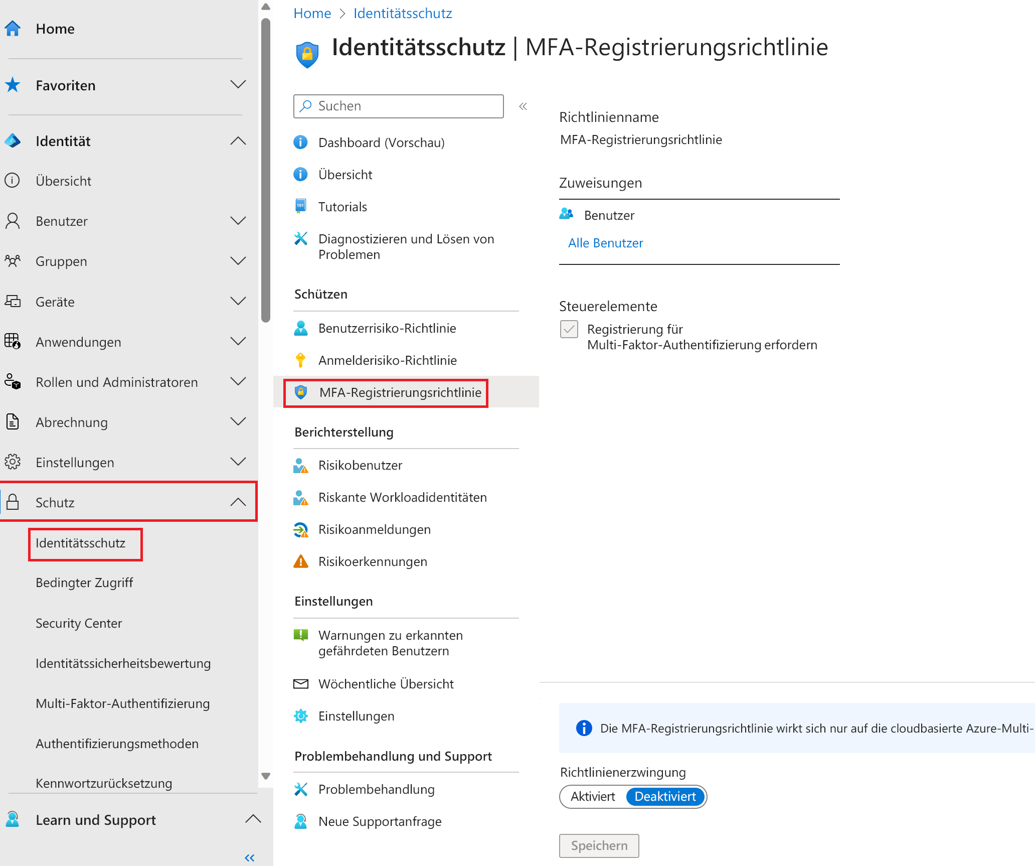 Screenshot der Seite für MFA-Registrierungsrichtlinien mit hervorgehobenem Auswahlpfad.