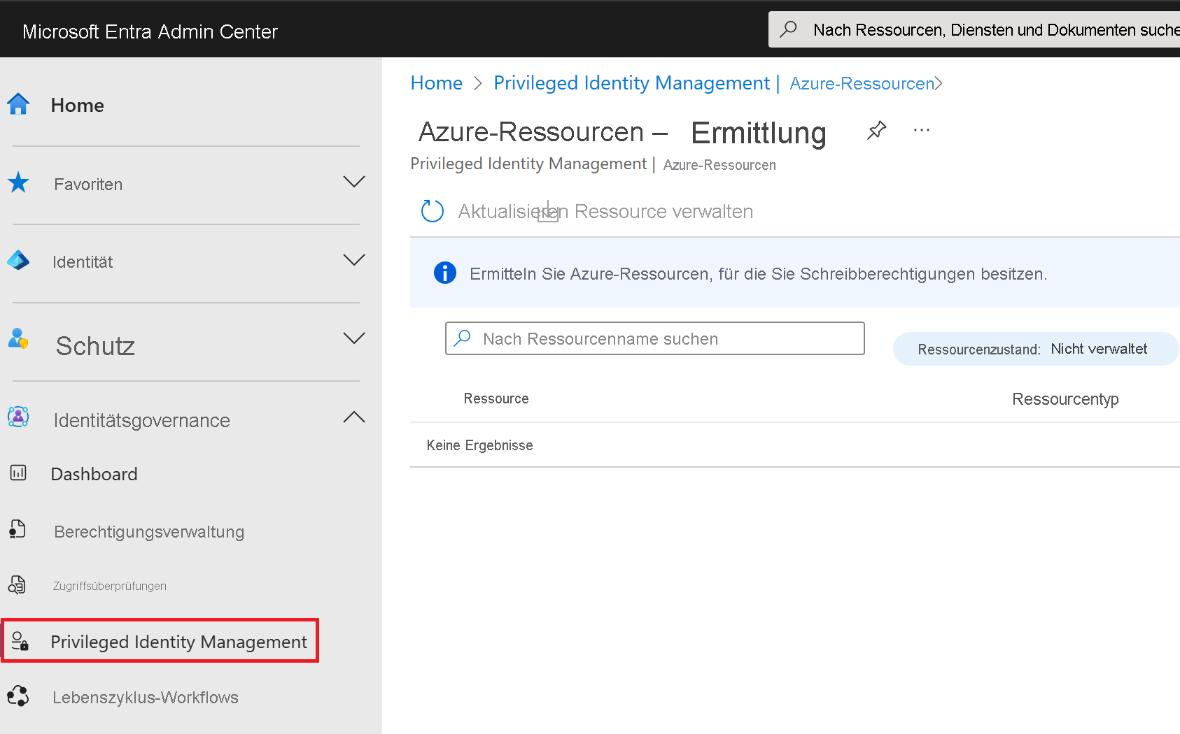 Screenshot of the Azure resources page of the Privileged Identity Management.